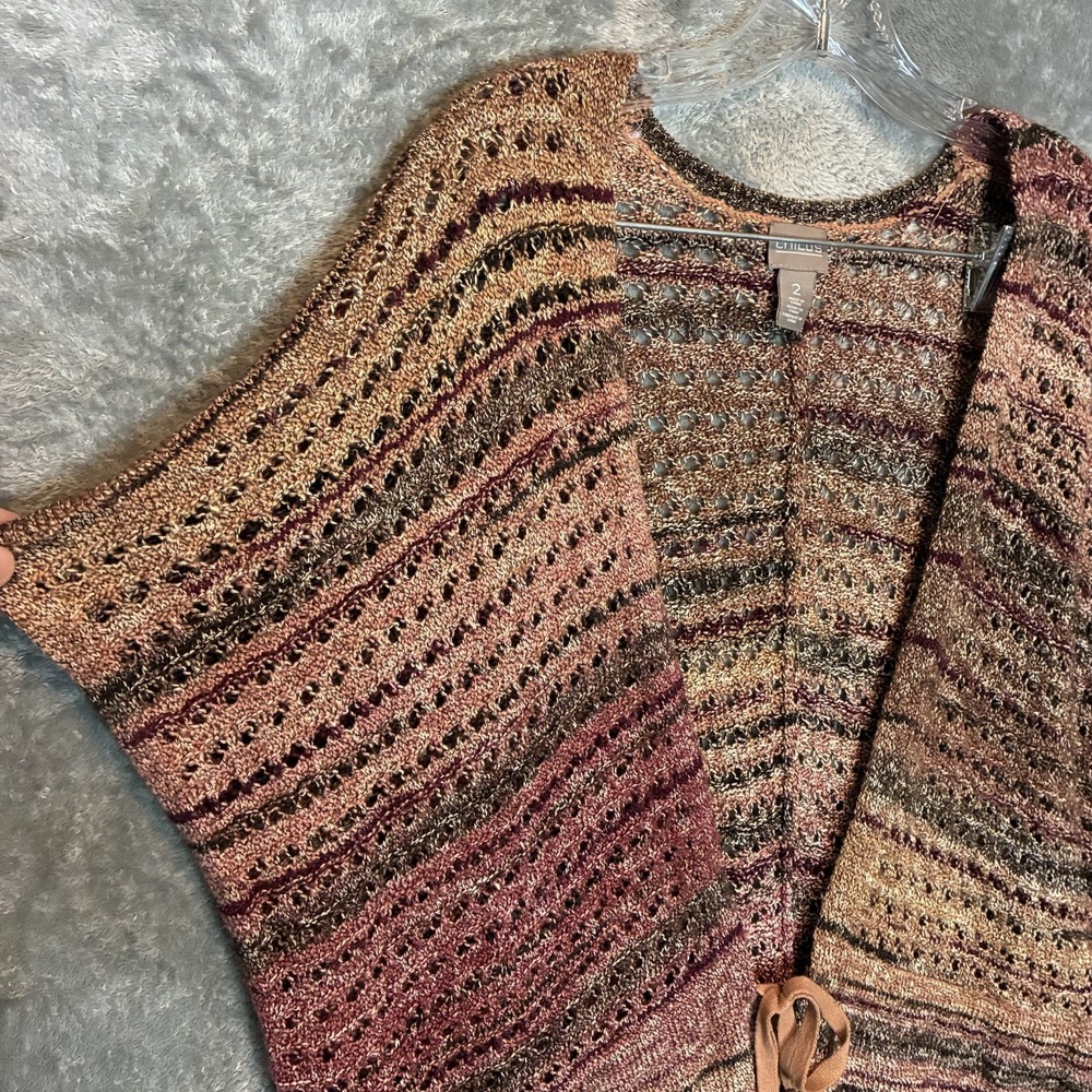 Chicos Women Open Weave Knit Cardigan 2-L Neutral Earthy Cinch Boho Gipsy Hippie